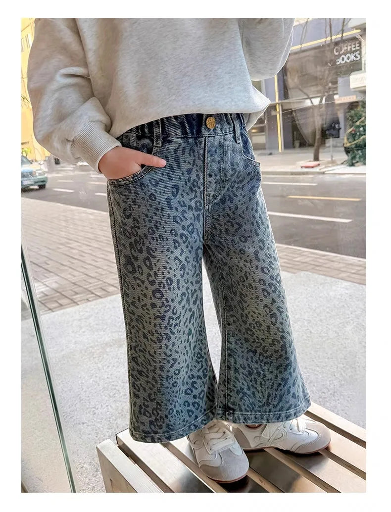 Girls Pants Spring Clothing New Children's Fashionable Jeans Leopard Pattern Wide Legs for Baby Girls