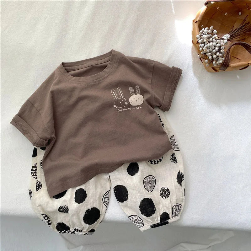 2026 Summer 2-8 Years Girls Boys Cute Print Rabbit Short Sleeve Cotton T-shirts Kids Tee