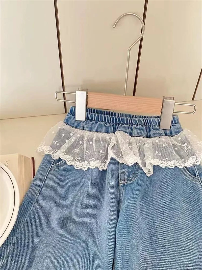 Girls Stitching Lace Denim Pants 2025New Spring Embroidered Bow Jeans Children Clothes Kids Straight Legged Pants Loose Trousers