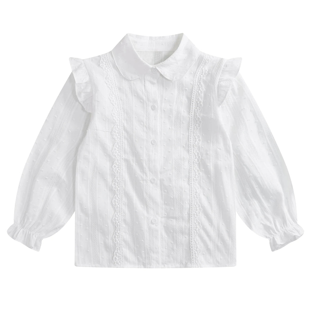 Kids Girls Shirts Spring Autumn Cotton Cute Lace Trim Collar Solid Color Puff Sleeve Bowknot Blouse Tops Casual School Uniform