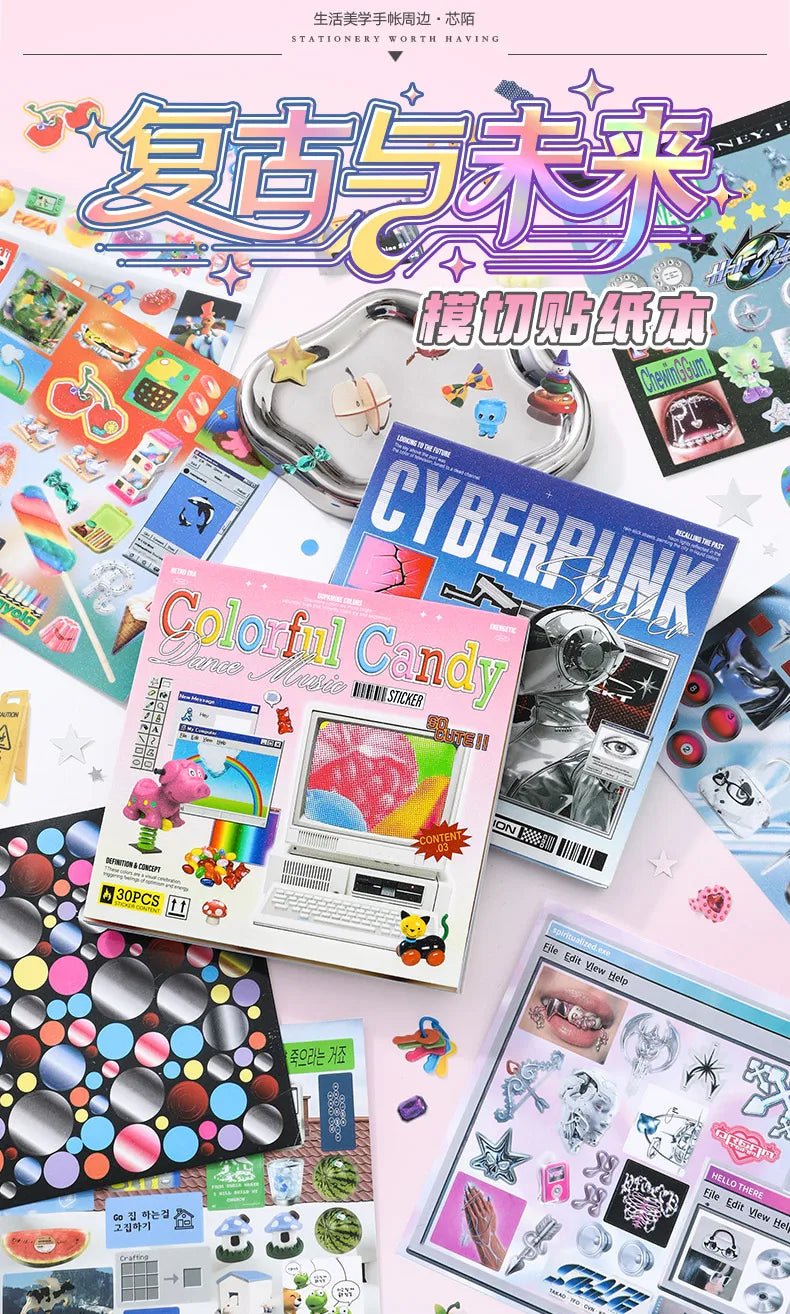 JIAMEI 30sheets Retro and Future Series Kawaii Ins Die Cutting Font Stickers Book DIY Diary Clipbook Aesthetics Stickers