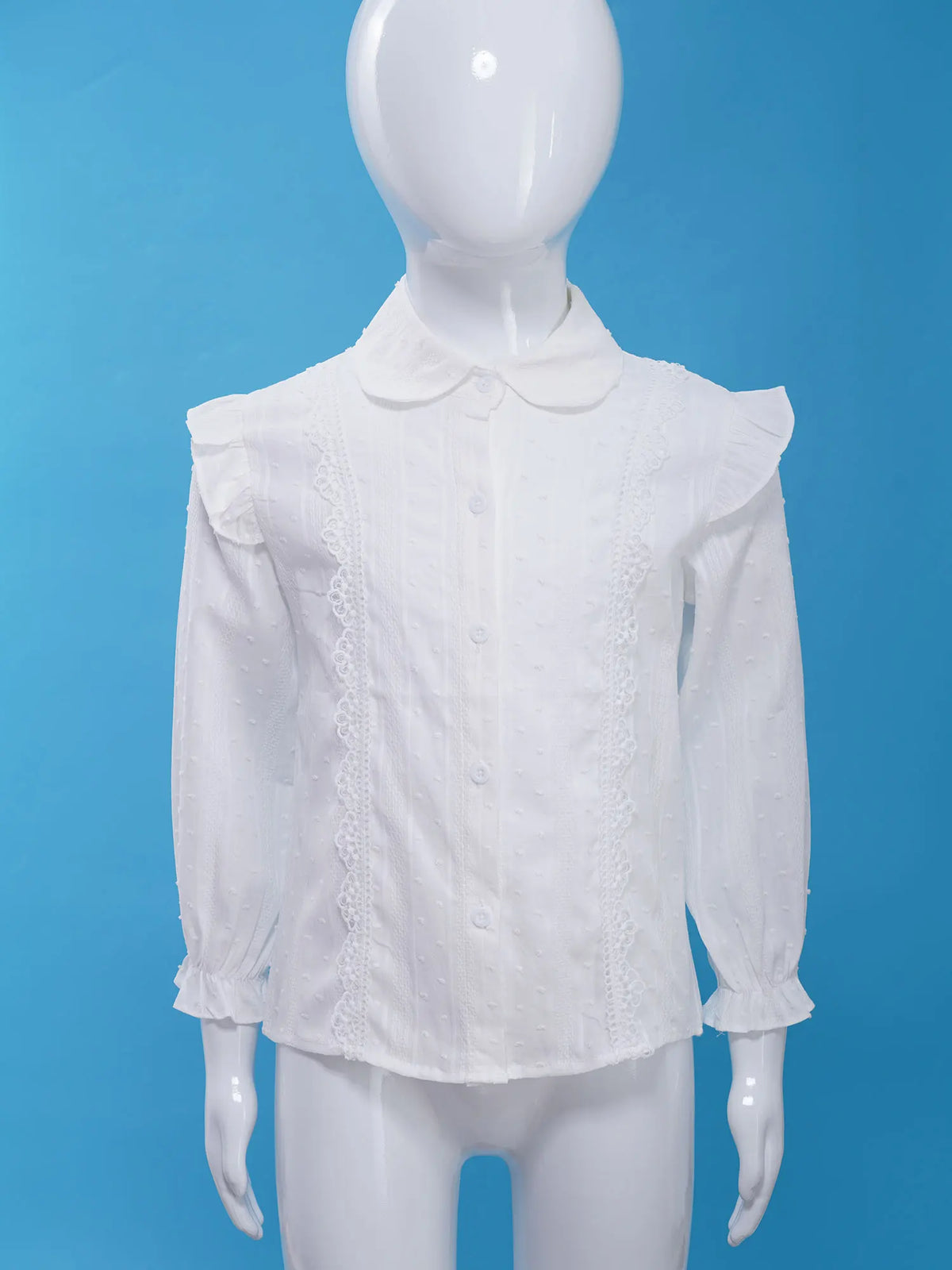 Kids Girls Shirts Spring Autumn Cotton Cute Lace Trim Collar Solid Color Puff Sleeve Bowknot Blouse Tops Casual School Uniform