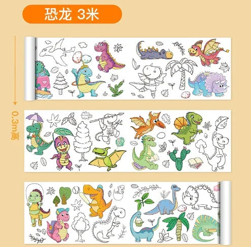 Ocean Dinosaur Princess Children's Drawing Scroll Paper - Coloring Scroll for Kids, Hand-drawn Painting and Color Filling
