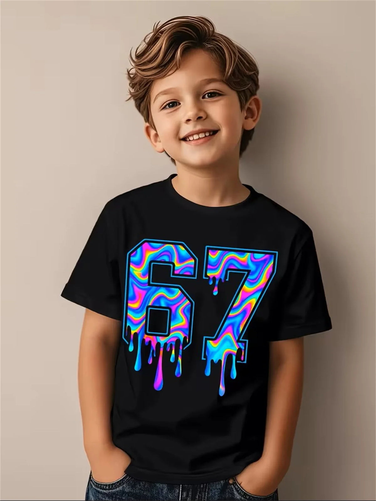 Boys & Girls 6 & 7 Number T-Shirt - Soft Breathable Tee with Neon Glow-in-the-Dark 6 & 7 Design, Machine Washable Spring Summer