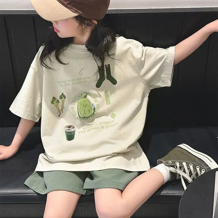 Summer Teenage Girls Clothes Set Children Lemon Fruit Printed T-shirts and Shorts 2pcs Suit Kid Top Bottom Outfits Tracksuits