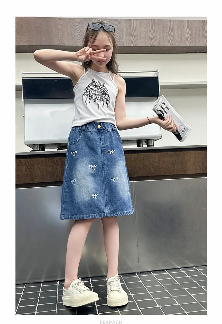 Summer Children vintage Denim Skirt for Teen Girl Fashion Pencil Skirts with Bow Knot For Kids Teenager Age 5 6 7 8 9 10 13 14Y