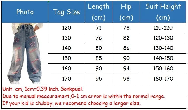 New 2024 Spring  Girls Jeans Stars Love Towel Embroidered wide Leg Long pants Baggy Denim Trousers for 4-13yrs Kids Girl