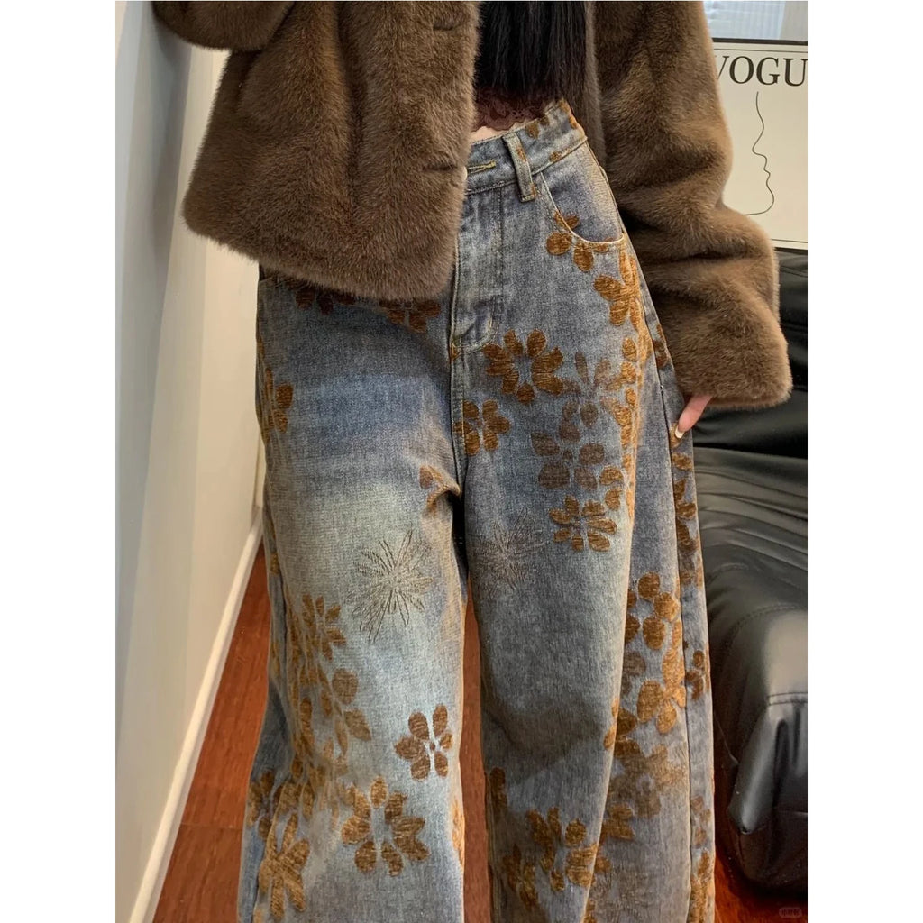 Retro American Design Embroidered Fleece High Waist Loose Wide Leg Thickened Jeans High Waist Ladies Casual Pants