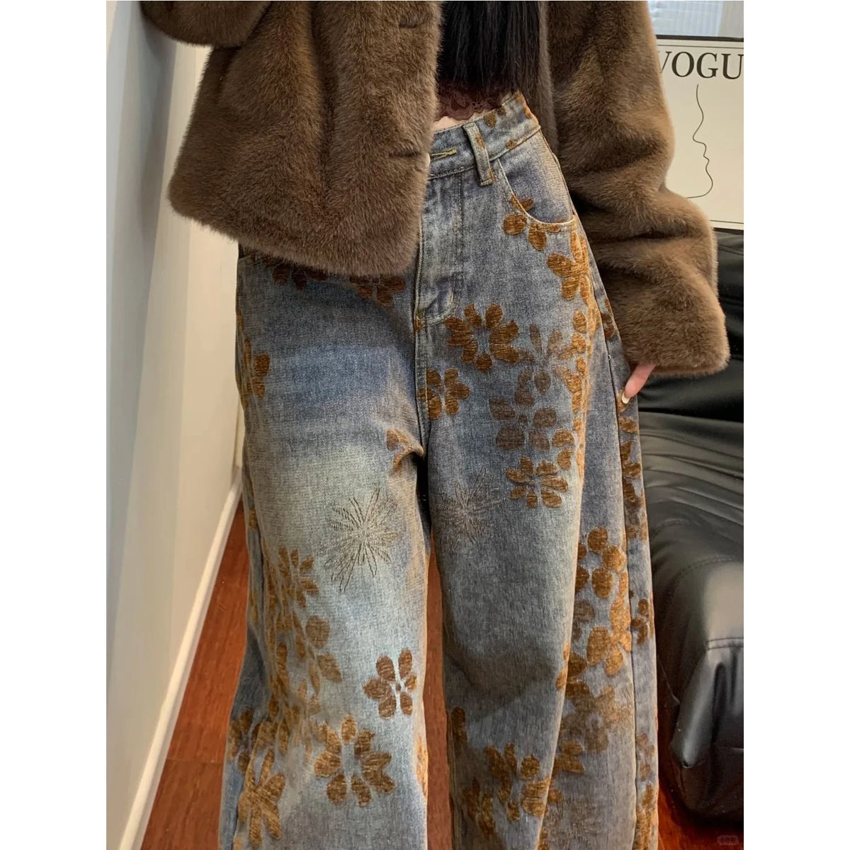 Retro American Design Embroidered Fleece High Waist Loose Wide Leg Thickened Jeans High Waist Ladies Casual Pants