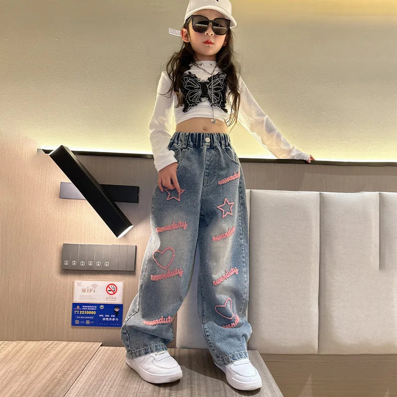New 2024 Spring  Girls Jeans Stars Love Towel Embroidered wide Leg Long pants Baggy Denim Trousers for 4-13yrs Kids Girl