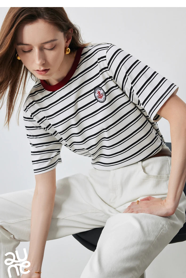 TOYOUTH Women T Shirts 2026 Summer New Striped Short Sleeve Age Reducing College Style Crew Neck Tops