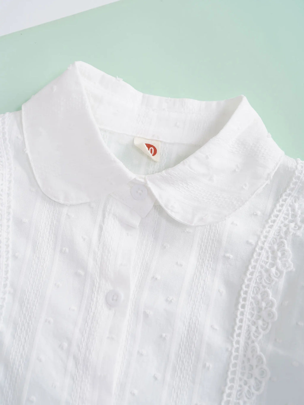 Kids Girls Shirts Spring Autumn Cotton Cute Lace Trim Collar Solid Color Puff Sleeve Bowknot Blouse Tops Casual School Uniform