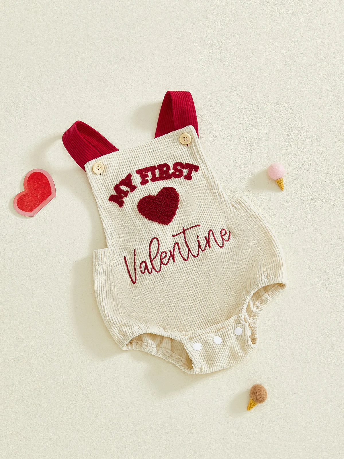 My First Valentines Day Baby Girl Boy Outfit Newborn Love Heart Romper Corduroy Sleeveless Bodysuit 0-18 Months