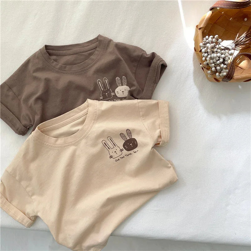 2026 Summer 2-8 Years Girls Boys Cute Print Rabbit Short Sleeve Cotton T-shirts Kids Tee