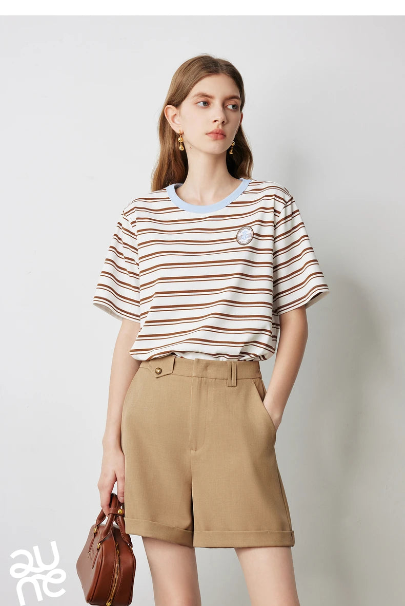 TOYOUTH Women T Shirts 2026 Summer New Striped Short Sleeve Age Reducing College Style Crew Neck Tops