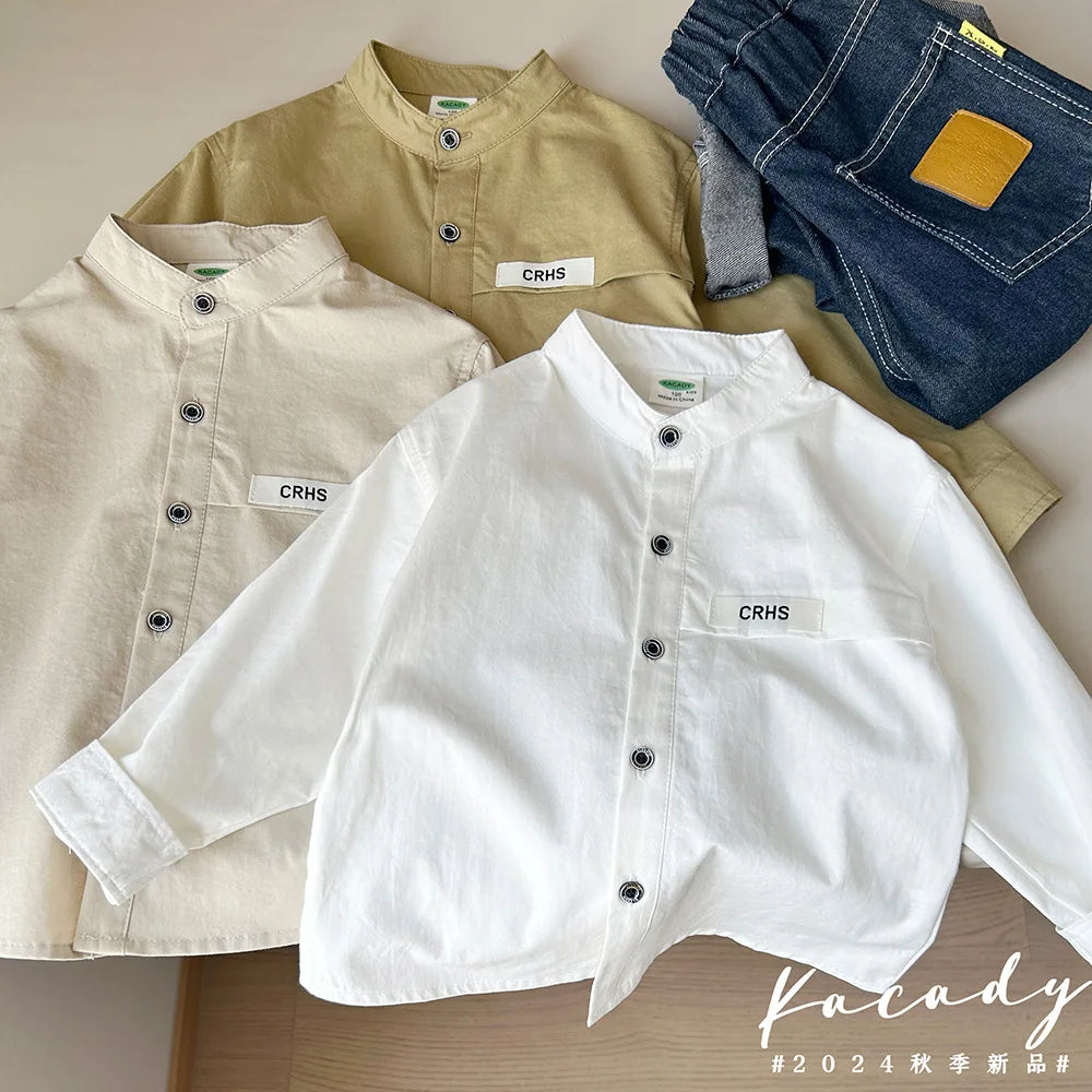 Teen Boys Shirt Coats Spring Autumn New Solid Color Single Breasted Stand Collar Long Sleeve Top For 3-10Y Kids Cotton Shirt