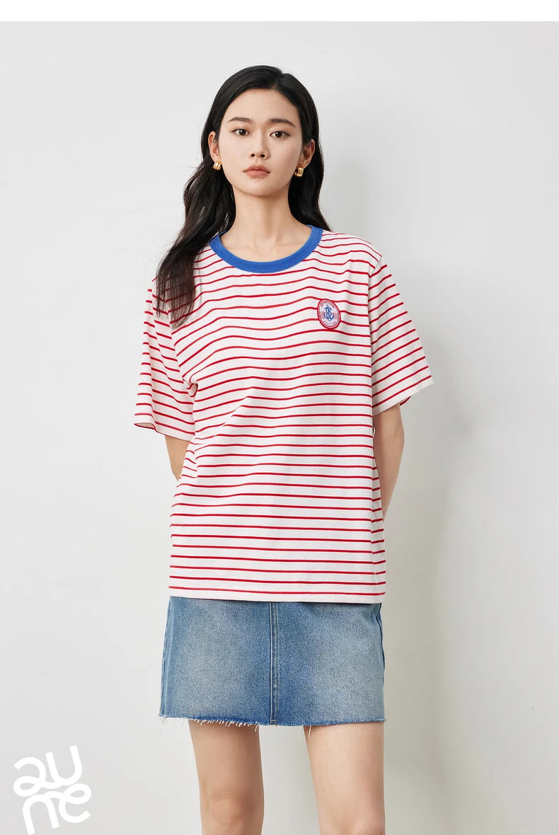 TOYOUTH Women T Shirts 2026 Summer New Striped Short Sleeve Age Reducing College Style Crew Neck Tops