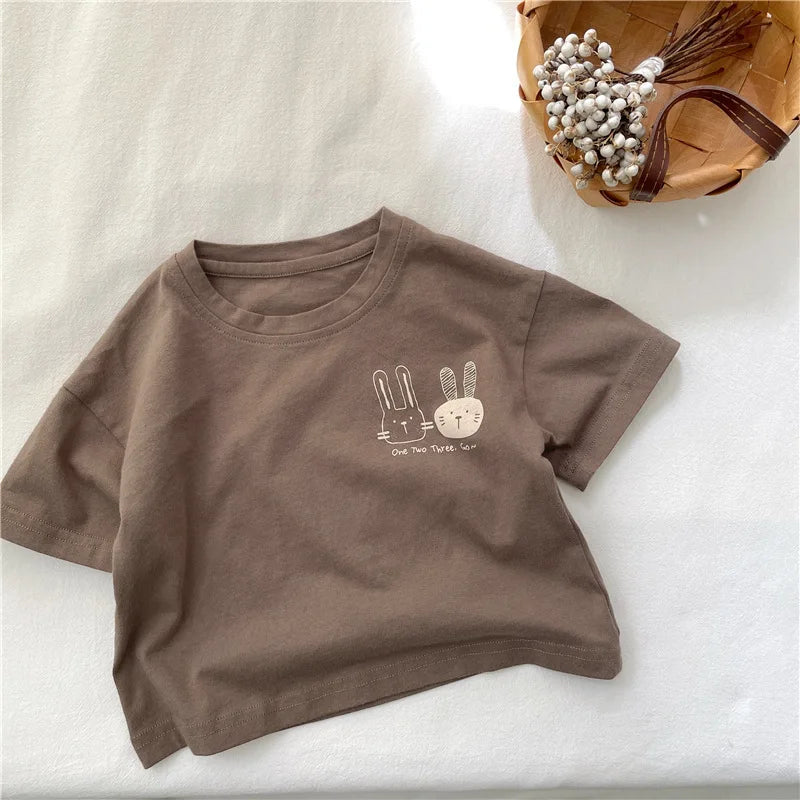 2026 Summer 2-8 Years Girls Boys Cute Print Rabbit Short Sleeve Cotton T-shirts Kids Tee