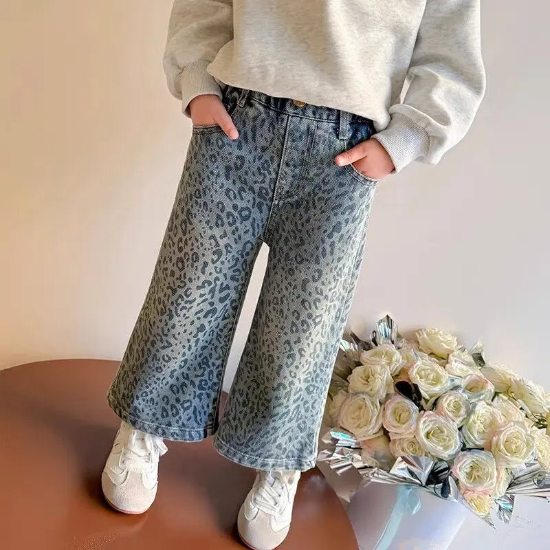 Girls Pants Spring Clothing New Children's Fashionable Jeans Leopard Pattern Wide Legs for Baby Girls