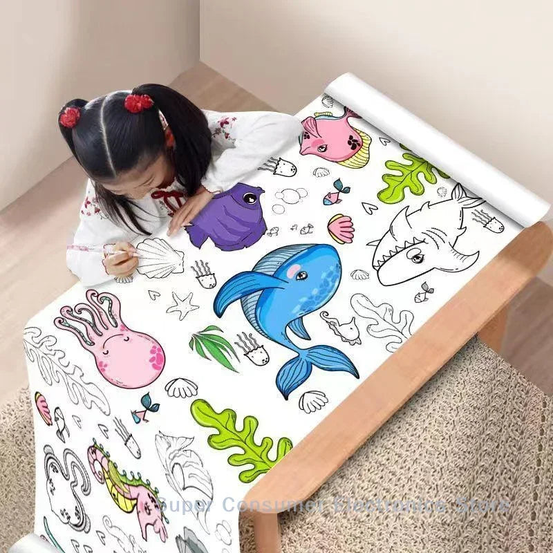Ocean Dinosaur Princess Children's Drawing Scroll Paper - Coloring Scroll for Kids, Hand-drawn Painting and Color Filling
