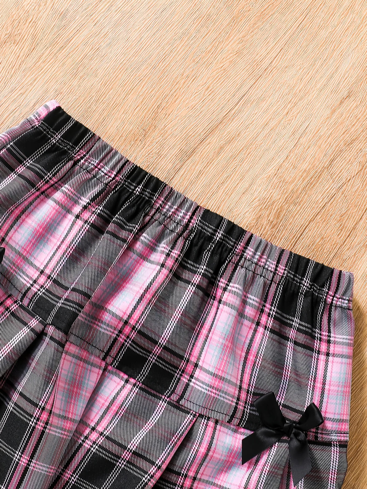 Girls' Casual Skirt Set: Short-Sleeved Shirt and Pink-Purple Plaid Bow Skirt Two-Piece Set, White Top Paired with Pink-Purple Skirt, Fashionable and Versatile, Suitable for Girls Aged 5-13