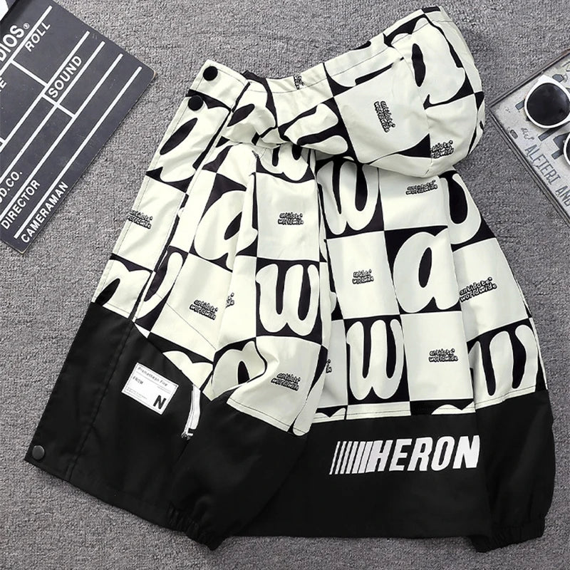 Teenager Boys Color Block Hooded Jacket 2026 Children Spring Autumn Handsome Letter Print Windbreak Coat Kids Clothes Outerwear