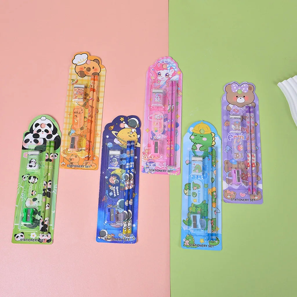 Kids Cartoon 5-Piece Stationery Set Complete Pencil Ruler Eraser Combo Cute Back To School Gift School Office Suppliers