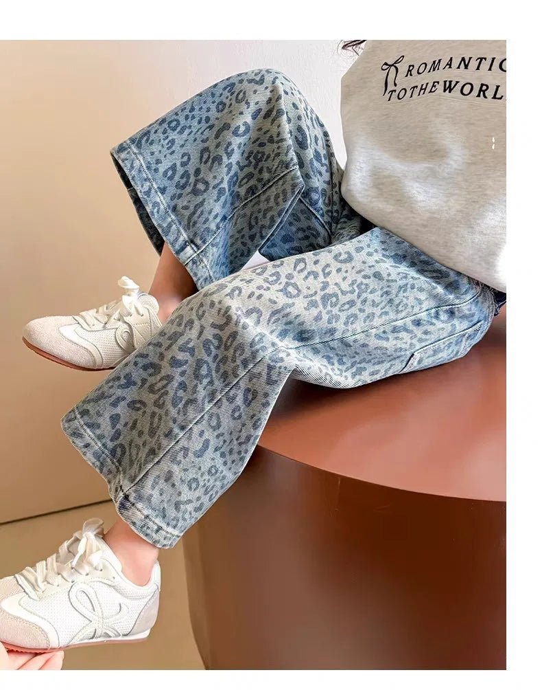 Girls Pants Spring Clothing New Children's Fashionable Jeans Leopard Pattern Wide Legs for Baby Girls
