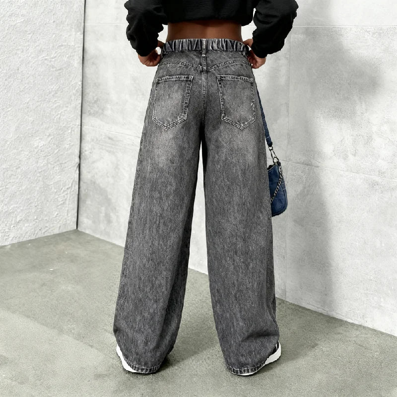 Girls' Y2K Cartoon Graffiti Print Wide Leg Faux Jeans - Teen Fashion Loose Fit Faux Jeans with Smiley Face, Butterfly and Bear P