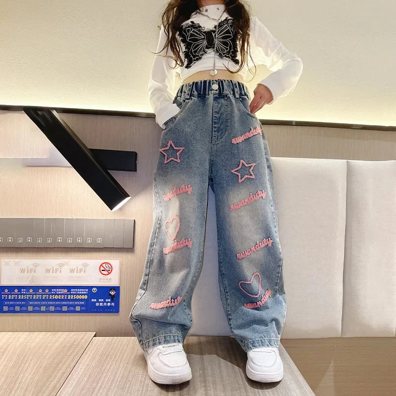 New 2024 Spring  Girls Jeans Stars Love Towel Embroidered wide Leg Long pants Baggy Denim Trousers for 4-13yrs Kids Girl