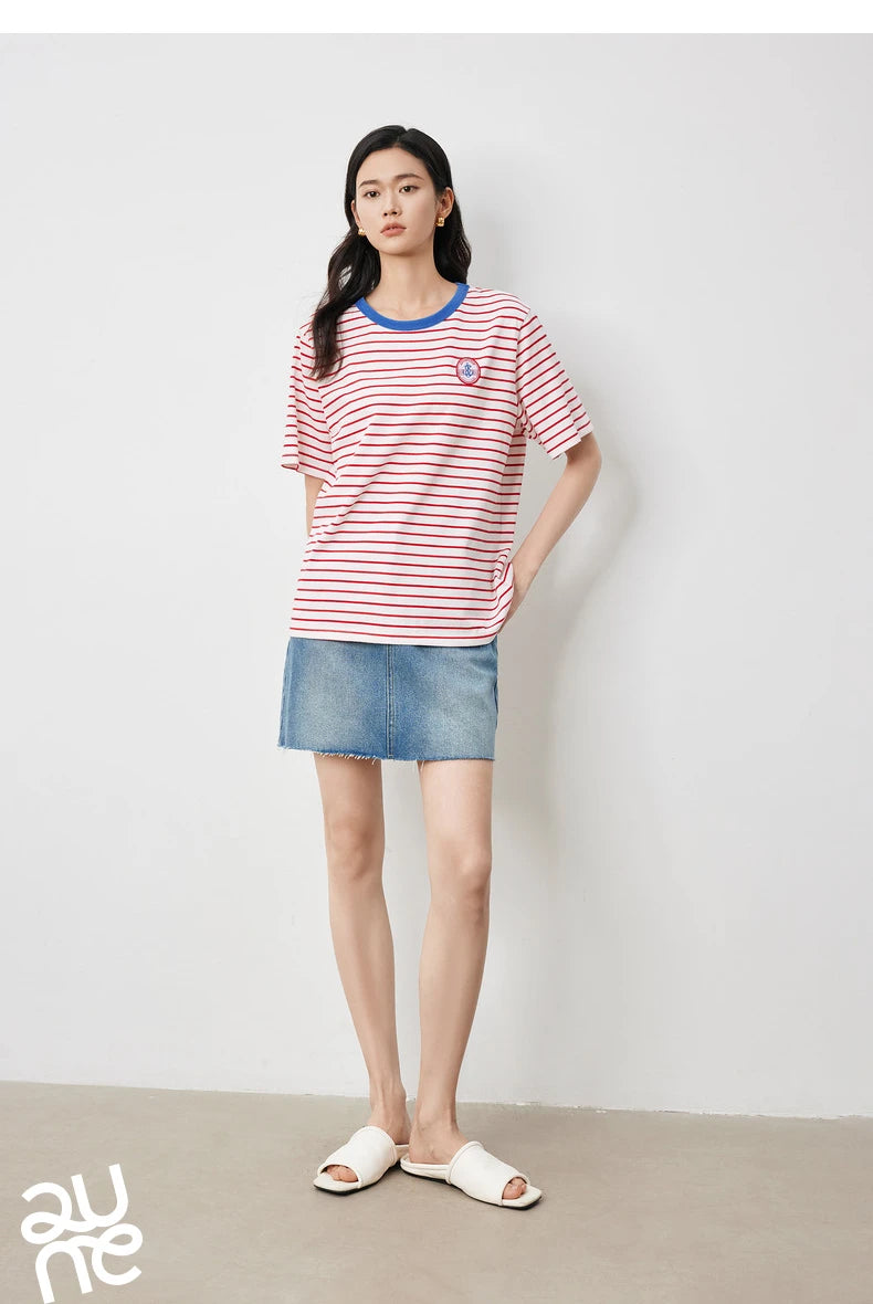 TOYOUTH Women T Shirts 2026 Summer New Striped Short Sleeve Age Reducing College Style Crew Neck Tops