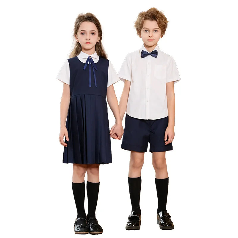 Boys British School Uniforms Shirt Shorts Girls Preppy Dress Kids Japan Korean Clothes Sets Children Students Summer Outfits