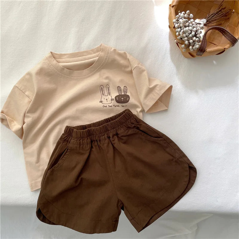 2026 Summer 2-8 Years Girls Boys Cute Print Rabbit Short Sleeve Cotton T-shirts Kids Tee