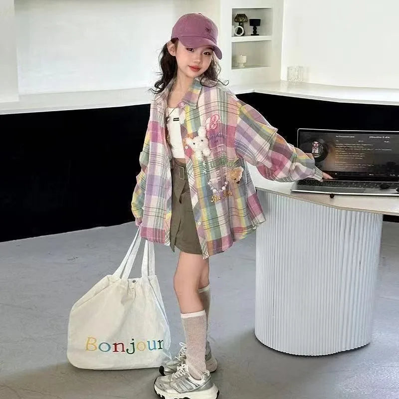 Plaid Shirt for Tween Girls 2025 Spring Casual Floral Print Long Sleeve Outerwear Children's Garment Trendy