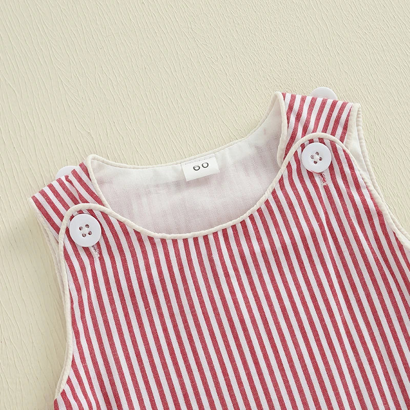 Baby Boy Romper Summer Sleeveless Round Neck Button Shoulder Stripes Print Romper Newborn Overalls