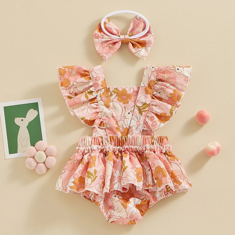 Baby Girls 2Pcs Easter Outfits Ruffle Sleeve Bunny Floral Print Romper Headband Set Newborn Clothes