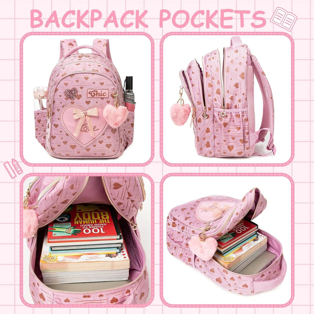 3PCS Girls School Backpack Set with Lunch Tote and Pencil Case Lightweight Elementary Bookbag for Kids Back To School Mochila
