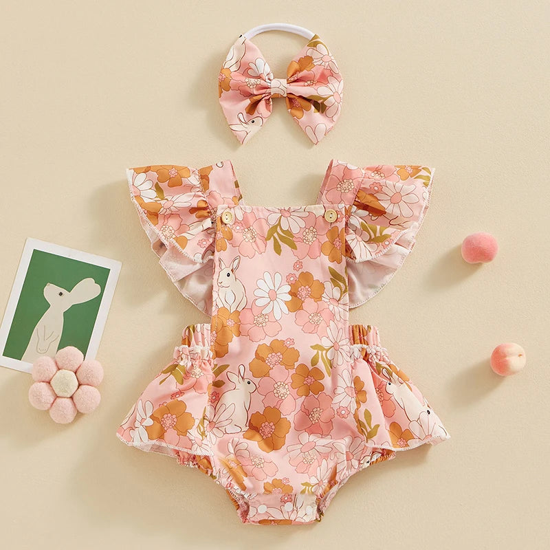 Baby Girls 2Pcs Easter Outfits Ruffle Sleeve Bunny Floral Print Romper Headband Set Newborn Clothes