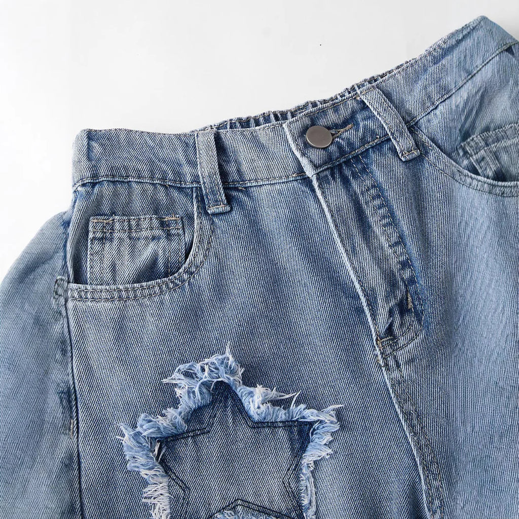 Girls Washed Wide Leg Jeans Kids Loose Trousers Stars Daily Casual Outerwear Elastic Waist Denim Pant Y2k Streetwear 2026 Summer
