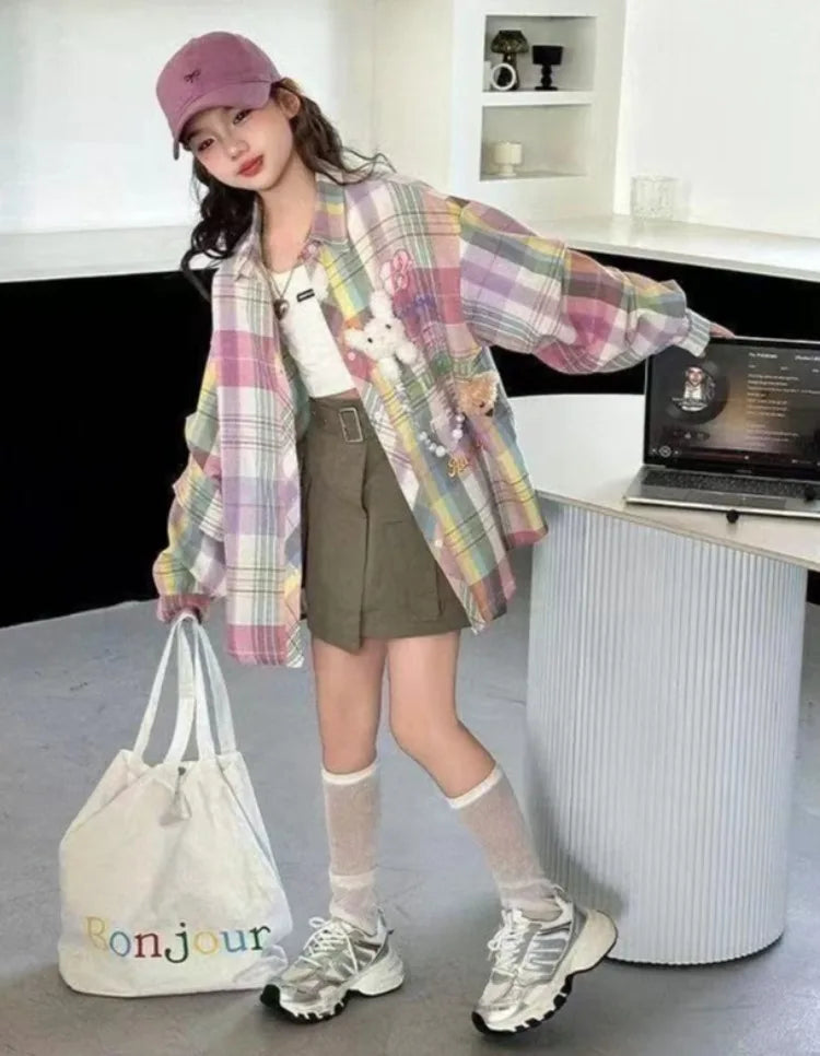 Plaid Shirt for Tween Girls 2025 Spring Casual Floral Print Long Sleeve Outerwear Children's Garment Trendy
