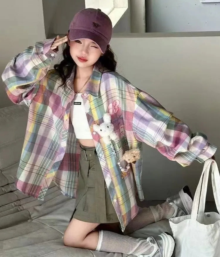 Plaid Shirt for Tween Girls 2025 Spring Casual Floral Print Long Sleeve Outerwear Children's Garment Trendy