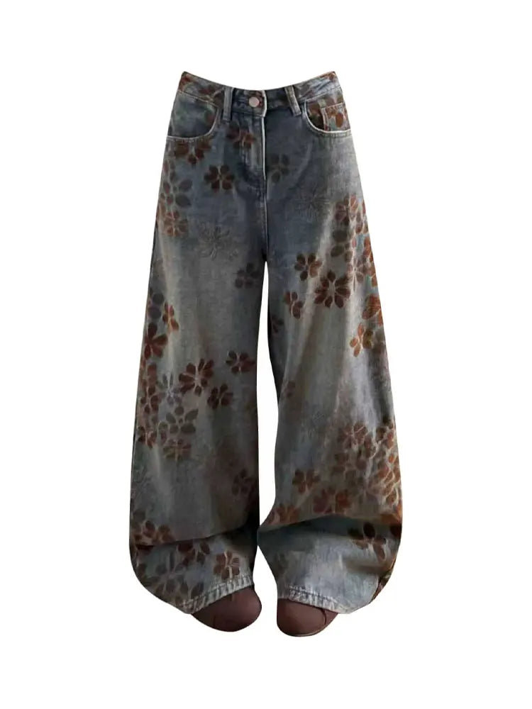 Retro Washed American Style Wide Leg Jeans Women's Loose Fit High Waist Floral Embroidery Design Casual Trousers for plus Size