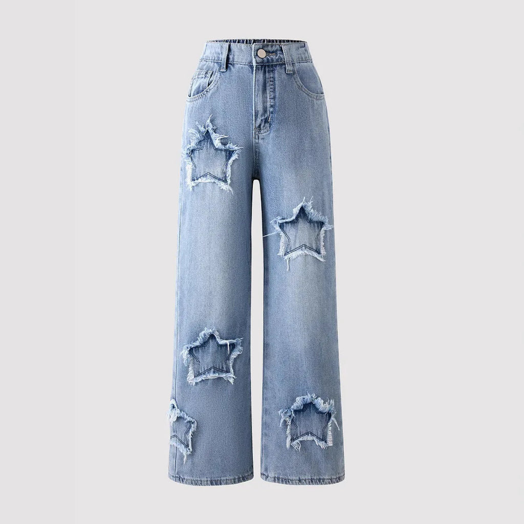 Girls Washed Wide Leg Jeans Kids Loose Trousers Stars Daily Casual Outerwear Elastic Waist Denim Pant Y2k Streetwear 2026 Summer