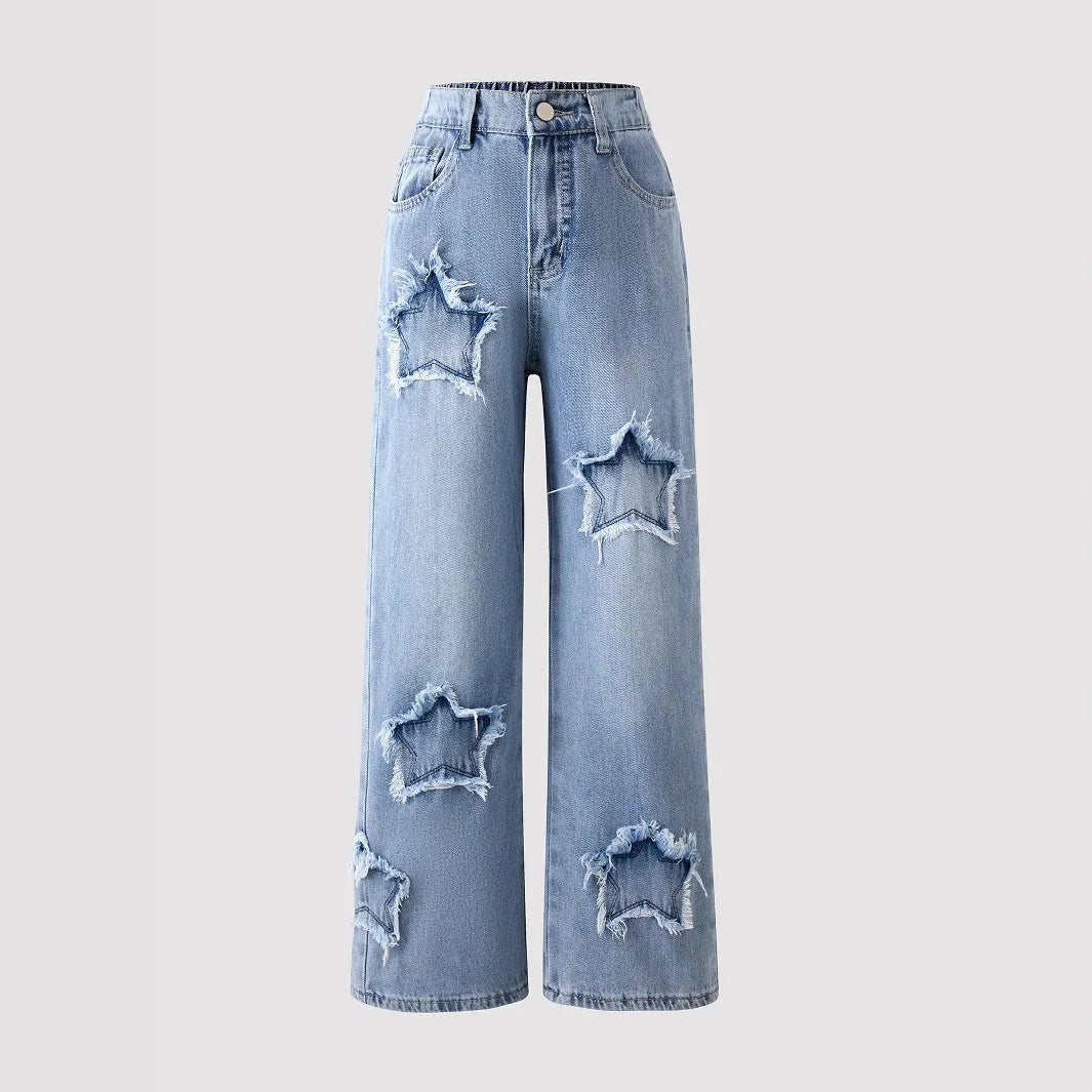 Girls Washed Wide Leg Jeans Kids Loose Trousers Stars Daily Casual Outerwear Elastic Waist Denim Pant Y2k Streetwear 2026 Summer