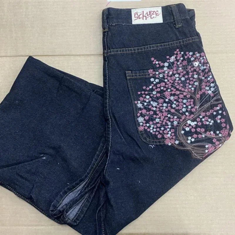 2025 autumn new European and American jeans embroidered pattern loose and personalized street Harajuku straight trousers