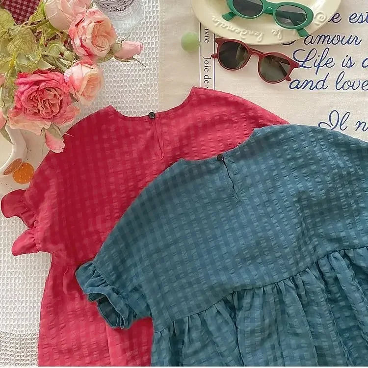 Girls' Doll Shirt 2025 Summer New Style Children's Checkered Short Sleeved Shirt Baby Retro