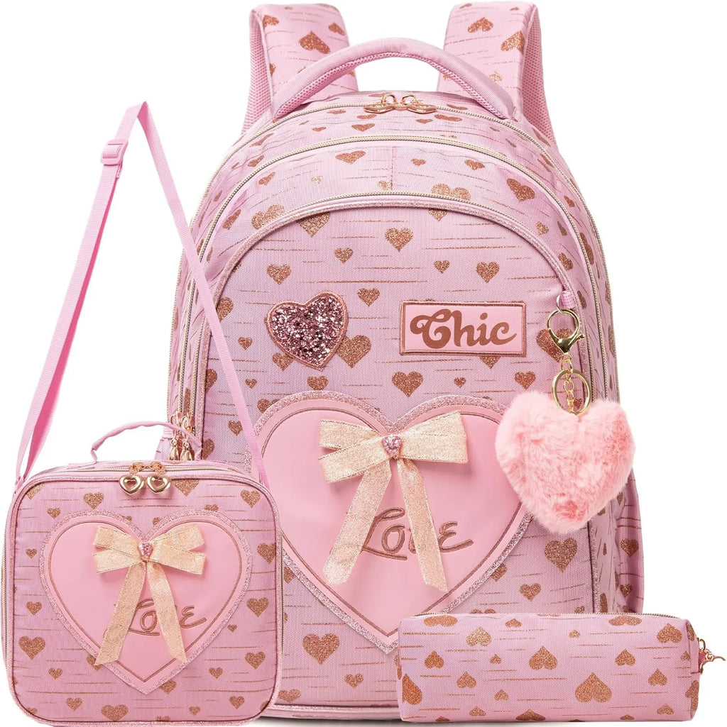 3PCS Girls School Backpack Set with Lunch Tote and Pencil Case Lightweight Elementary Bookbag for Kids Back To School Mochila