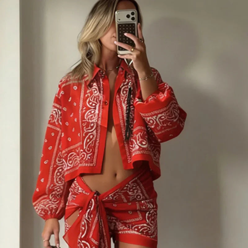 Paisley Print Oversized Short Shirt Long Sleeve Button Down Lapel Casual 2026 Summer Vacation Daily Beachwear Women Cover Up