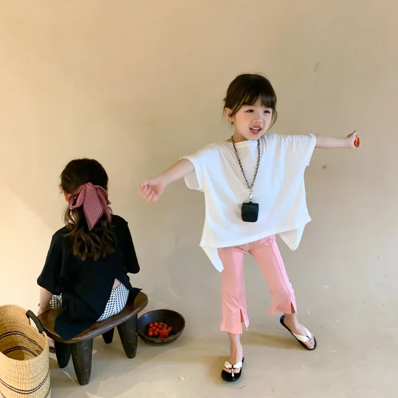 Girls T-shirt Children's Fashion T-shirt 2025 Summer New Style Back Fork Design T-shirt Baby Fashion Casual Short Sleeve Top