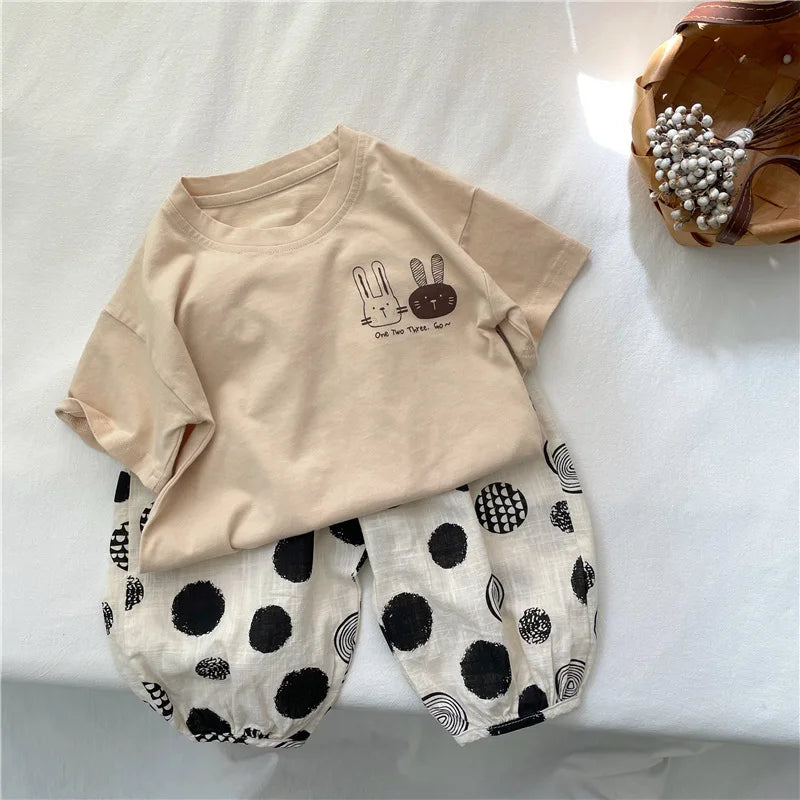 2026 Summer 2-8 Years Girls Boys Cute Print Rabbit Short Sleeve Cotton T-shirts Kids Tee